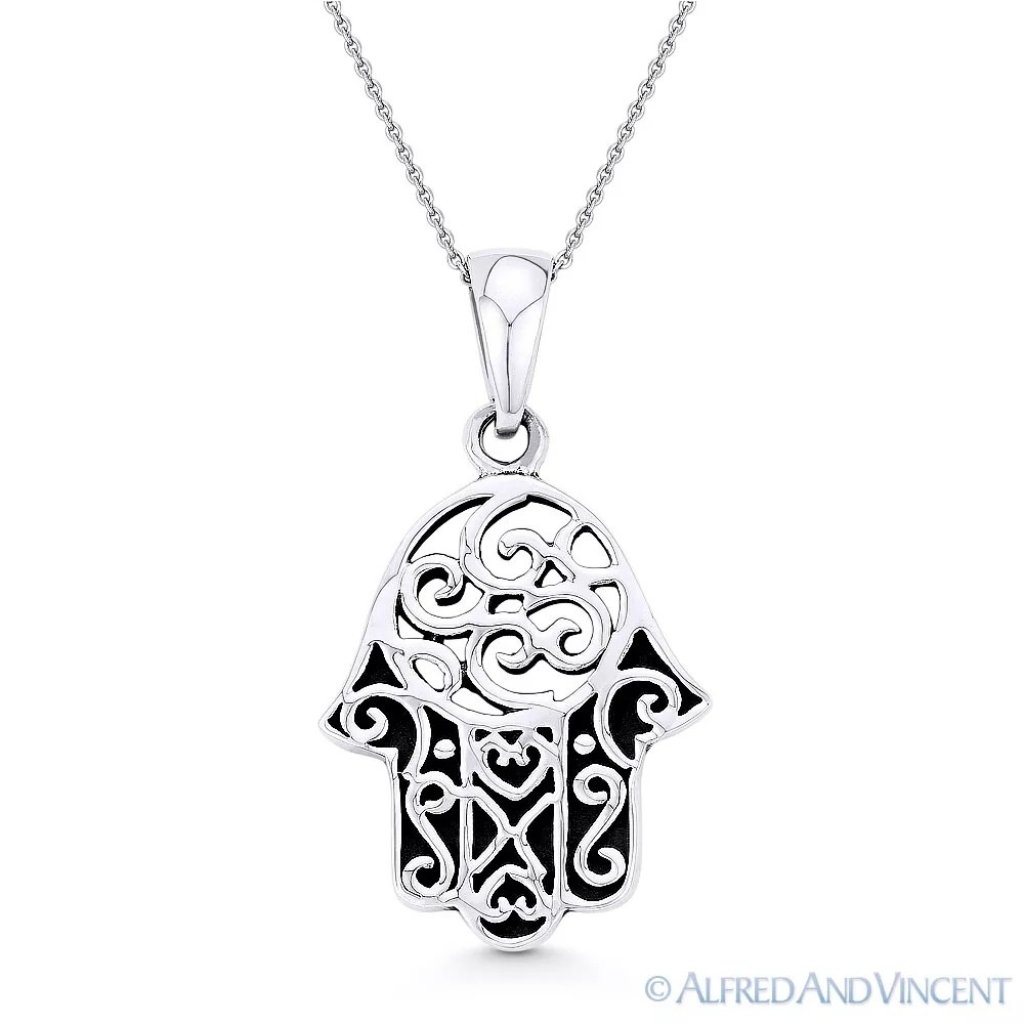 Hamsa Hand Evil Eye Charm Pendant In Antique-Style 925 Sterling Silver 30$